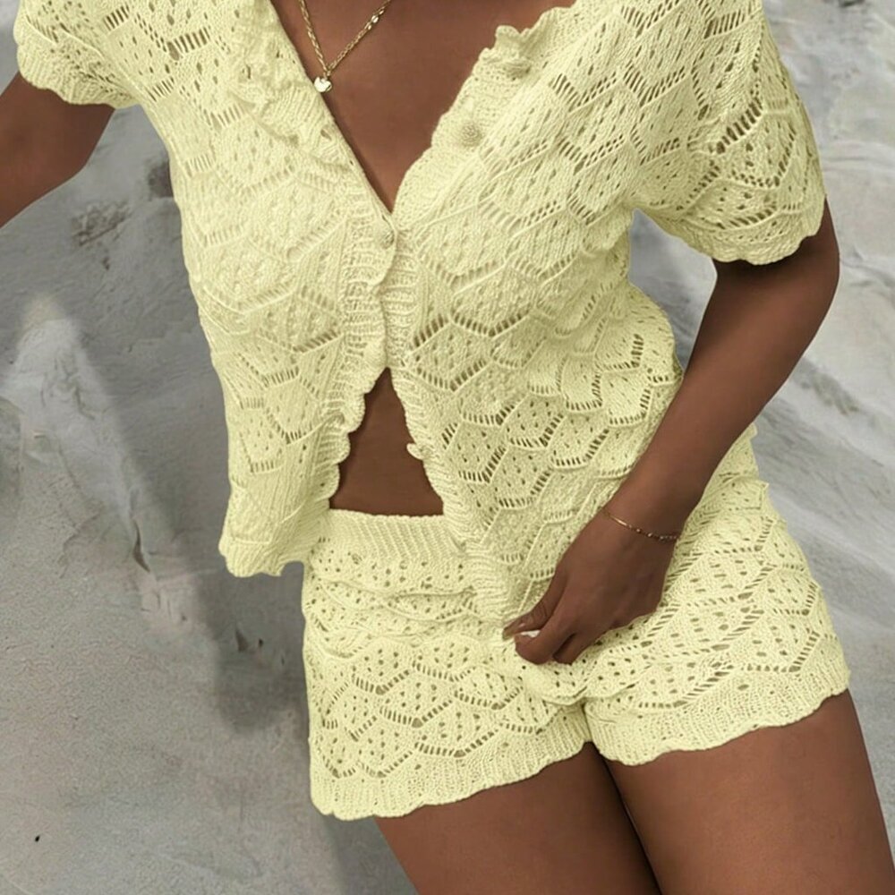 Light Yellow Casual Women's Crochet Mesh Beach Cover Up and Shorts Set - Picture 3 of 8